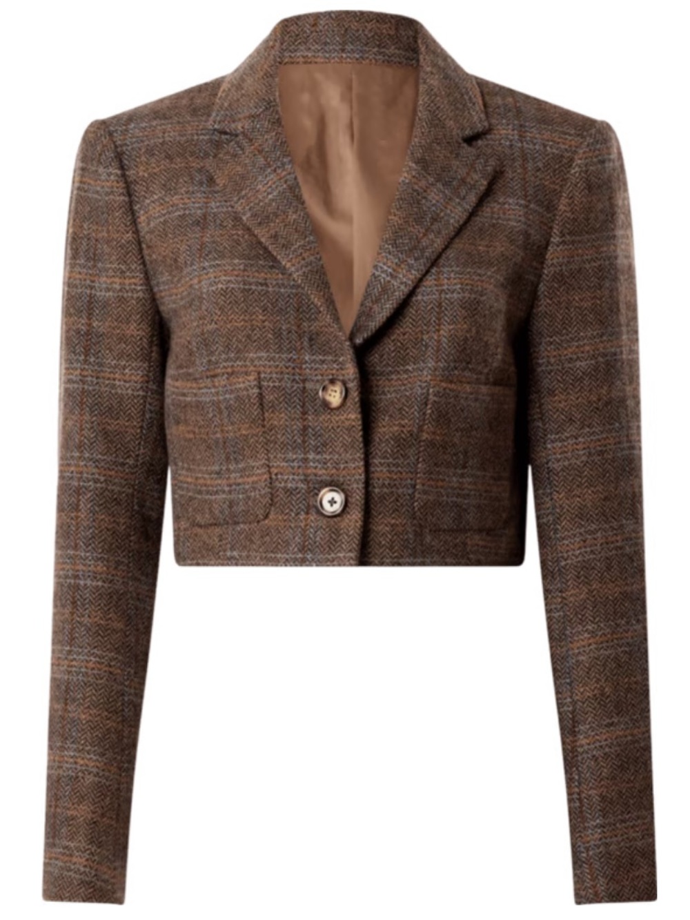 Astr Cropped Plaid Tweed Blazer in Brown and Tan